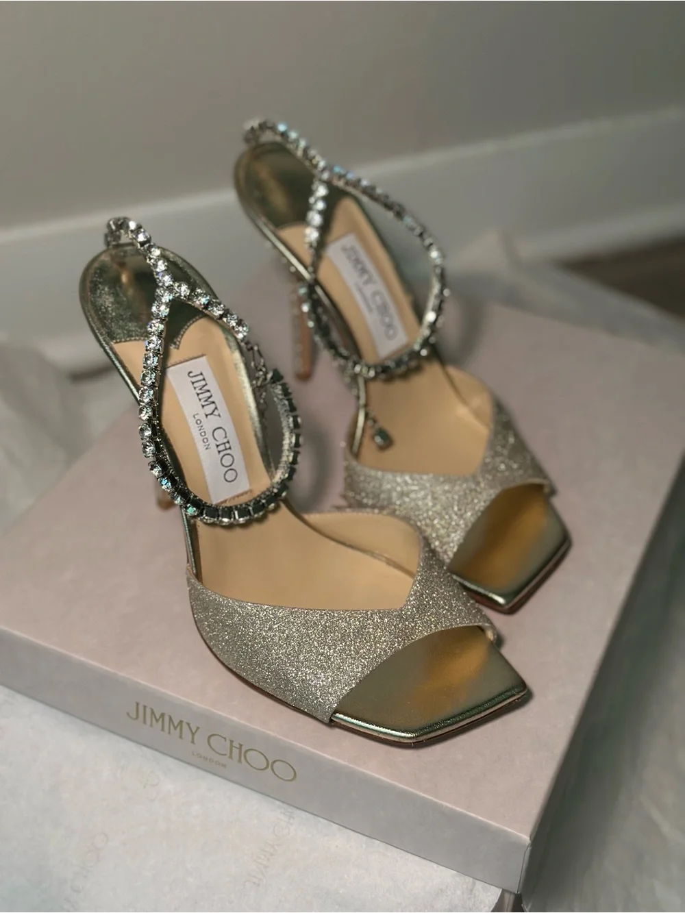 Jimmy Choo Gold Glitter Open-Toe Heels with Crystal Ankle Straps